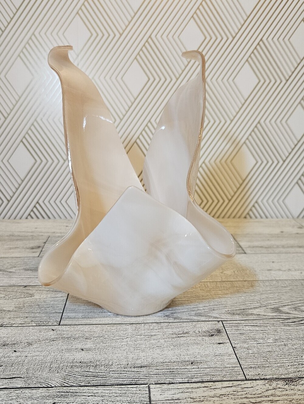 Handkerchief  Vase Candle Holder Abstract Pink And White Swirl Glass
